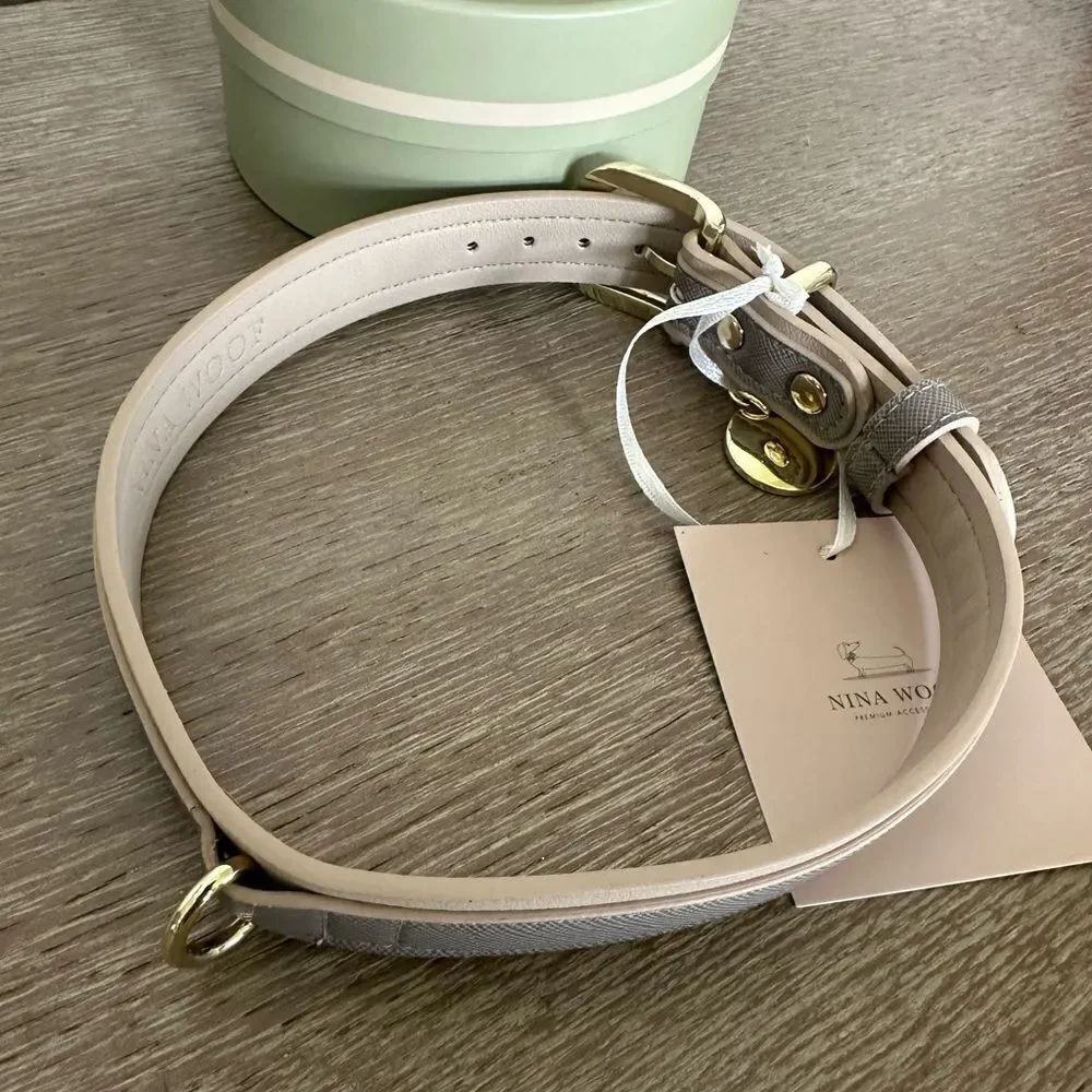 Nina Woof Premium Gray Gold Vegan Leather London Dog Collar